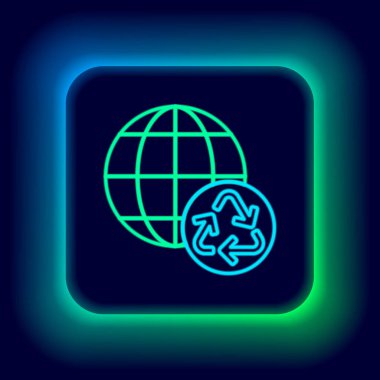 Parlayan neon hattı Planet Earth ve siyah arkaplanda izole edilmiş bir geri dönüşüm ikonu. Çevresel konsept. Renkli taslak konsepti. Vektör
