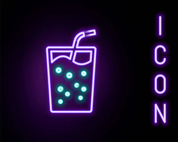 发光的霓虹灯线玻璃与水图标隔离在黑色背景 苏打水与喝稻草 新鲜冷饮的象征 五彩缤纷的概念 — 图库矢量图片
