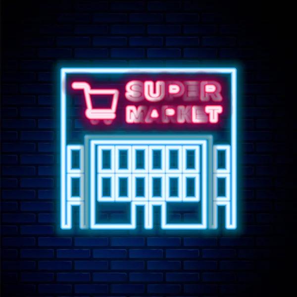 Glowing Neon Line Supermarket Building Shopping Cart Icon Isolated Brick — Stock Vector