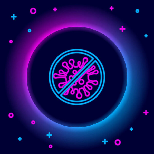 Glowing neon line Stop virus, bacteria, germs and microbe icon isolated on black background. Antibacterial and antiviral defence, protection infection. Colorful outline concept. Vector