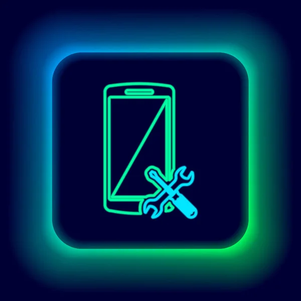 Gloeiende Neon Lijn Smartphone Met Schroevendraaier Moersleutel Pictogram Geïsoleerd Zwarte — Stockvector