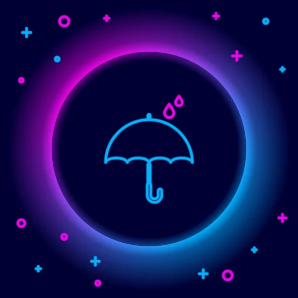 Brillante Línea Neón Paraguas Gotas Lluvia Icono Aislado Sobre Fondo — Vector de stock