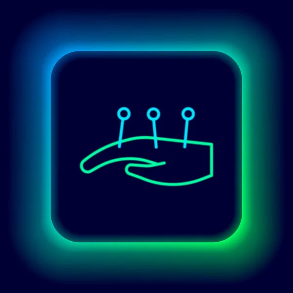 Glowing neon line Acupuncture therapy on the hand icon isolated on black background. Chinese medicine. Holistic pain management treatments. Colorful outline concept. Vector