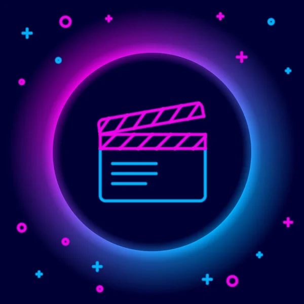 Gloeiende Neon Lijn Movie Clapper Pictogram Geïsoleerd Zwarte Achtergrond Filmklapbord — Stockvector