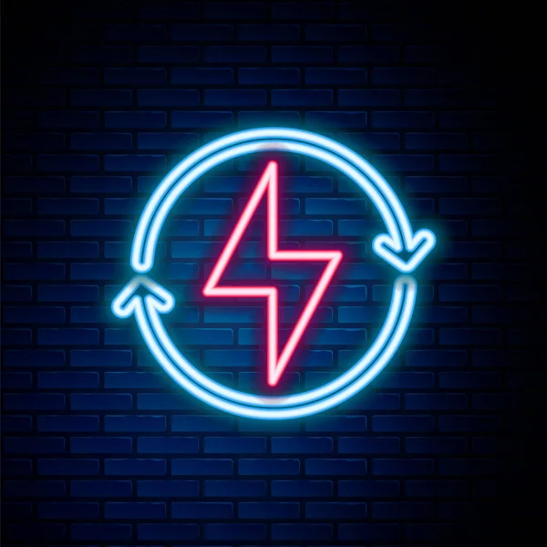 Glowing Neon Line Lightning Bolt Icon Isolated Brick Wall Background — Stock Vector