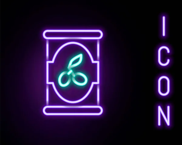 Leuchtende Neon Line Olives Dosensymbol Isoliert Auf Schwarzem Hintergrund Konzept — Stockvektor