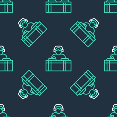 Kayıt güvertesi simgesinin önünde kulaklık takan çizgi DJ 'i siyah arkaplanda izole edilmiş. DJ müzik çalıyor. Vektör