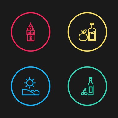 Sabit hat plajı, bir şişe zeytinyağı, elma şarabı şişesi ve Giralda ikonu. Vektör