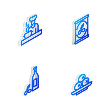 Isometric hattını, zeytinleri, İspanyol aşçıları, bir şişe zeytinyağını ve tabak ikonunu ayarlayın. Vektör