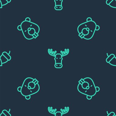 Boynuzlu geyik kafası, kunduz hayvan ve meşe palamudu desenleri. Vektör