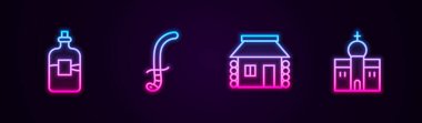 Votka şişesi, ortaçağ kılıcı, Ukrayna evi ve kilise binası. Parlayan neon ikonu. Vektör