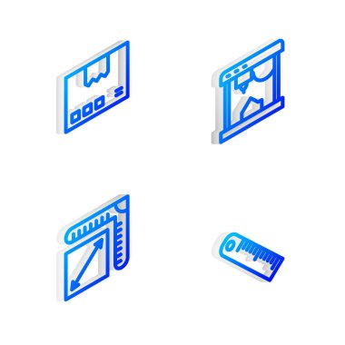 Isometric satır 3D yazıcı, Karton karton kutu, kağıt boyutu ve cetvel simgesi ayarla. Vektör