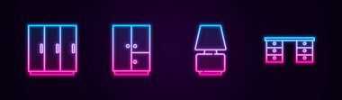 Gardırop, masa lambası ve ofis masası. Parlayan neon ikonu. Vektör