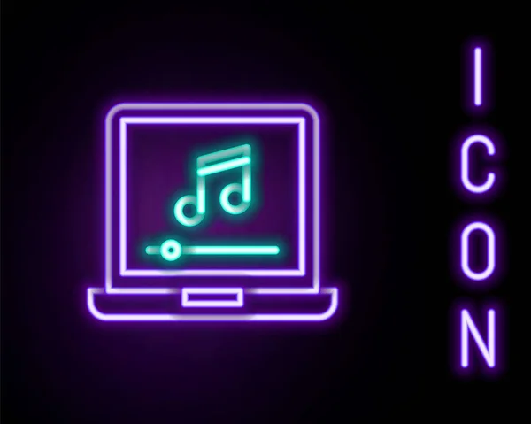 发光的霓虹灯线笔记本电脑与音乐符号屏幕图标隔离在黑色背景 五彩缤纷的概念 — 图库矢量图片