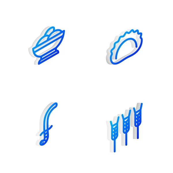 Set Isometric Line Knedlíky Varenyky Miska Středověký Meč Pšenice Ikona — Stockový vektor