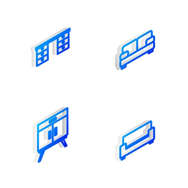 Set Isometric Line Sofa Office Desk Chest Drawers Icon Vector — Stock Vector