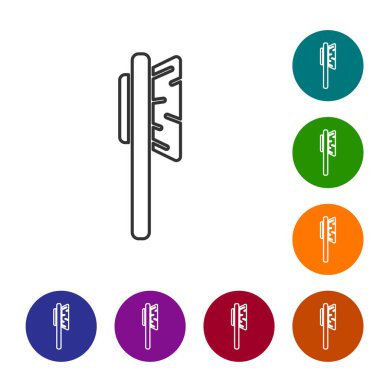 Beyaz arkaplanda siyah çizgi saç fırçası simgesi izole edildi. Taraklı saç işareti. Berber sembolü. Simgeleri renk daire düğmelerine ayarla. Vektör İllüstrasyonu.