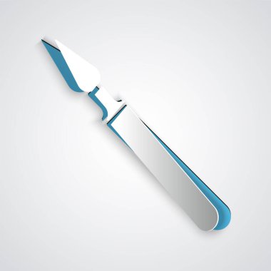 Kağıt kesiği, tıbbi cerrahi neşter araç ikonu gri arka planda izole edilmiş. Tıbbi alet. Kağıt sanatı tarzı. Vektör İllüstrasyonu.