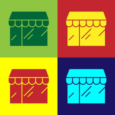 Pop Art Shopping binası ya da market simgesi renk arkaplanında izole edilmiş. Dükkan inşaatı. Vektör.