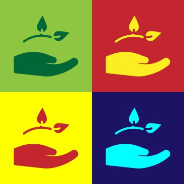 Çevre koruma ikonunun elindeki Pop Art Leaf renkli arka planda izole edilmiş. Tohum ve tohum. Fidan dikiyorum. Ekoloji konsepti. Vektör.