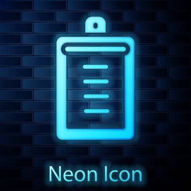 Duvarda izole edilmiş kontrol listesi simgesiyle parlayan neon pano. Kontrol listesi sembolü. Anket anketi ya da anket geri bildirim formu. Vektör.