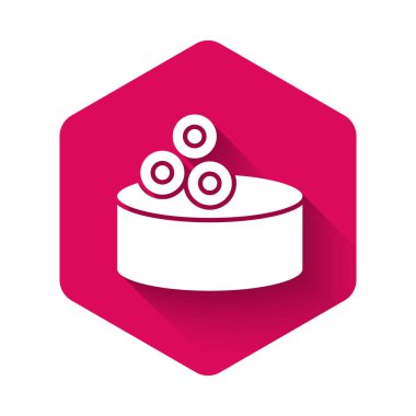 Uzun gölgeli beyaz teneke havyar ikonu. Pembe altıgen düğmesi. Vektör..