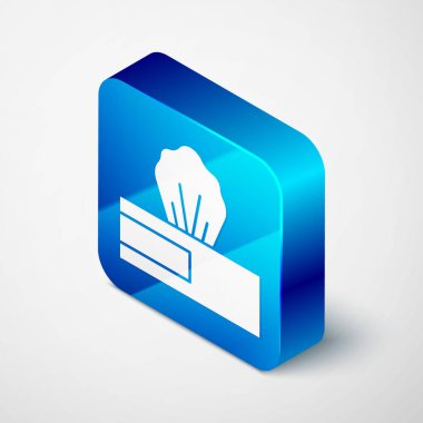 Gri arkaplanda Isometric ıslak mendil simgesi izole edildi. Mavi kare düğme. Vektör..