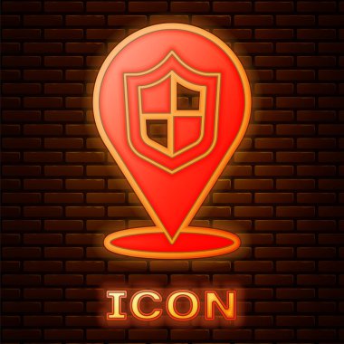 Parlayan neon konum kalkanı ikonu tuğla duvar arka planında izole edildi. Sigorta konsepti. Gardiyan. Güvenlik, güvenlik, koruma, gizlilik kavramı. Vektör..