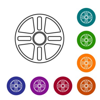 Beyaz arka planda izole edilmiş bir araba simgesi için siyah çizgi tekerleği. Simgeleri renk daire düğmelerine ayarla. Vektör.