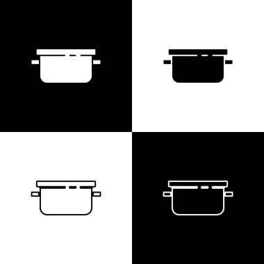 Pişirme tenceresi simgesini siyah beyaz arkaplanda izole et. Haşlama ya da güveç besin sembolü. Vektör.