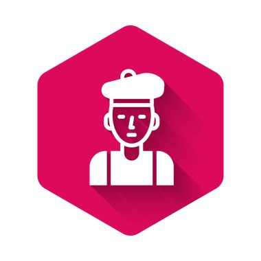 Beyaz Fransız adam ikonu uzun gölgeli izole edilmiş. Pembe altıgen düğmesi. Vektör.