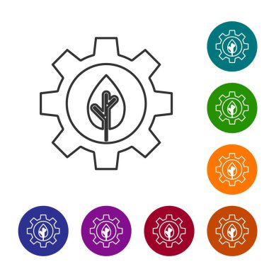 Siyah çizgi yapraklı bitki ekolojisi, beyaz arka planda izole edilmiş dişli makine ikonu. Çevre dostu teknoloji. Dünya Çevre Günü etiketi. Simgeleri renk daire düğmelerine ayarla. Vektör.