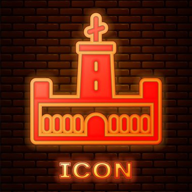 Parlayan neon renkli Montjuic kale ikonu tuğla duvar arkasında izole edilmiş. Barselona, İspanya. Vektör.