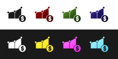Siyah ve beyaz arkaplanda izole edilmiş turta grafiği ve dolar simgesi simgesini ayarla. Diyagram çizelgesi. Vektör.