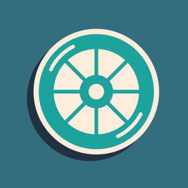 Yeşil arka planda yeşil bisiklet tekerleği simgesi izole edildi. Bisiklet yarışı. Olağanüstü bir spor. Spor malzemeleri. Uzun gölge tarzı. Vektör.