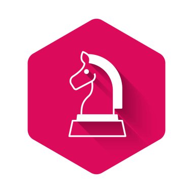 Beyaz Satranç simgesi uzun gölge arkaplan izole. İş stratejisi. Oyun, yönetim, finans. Pembe altıgen düğmesi. Vektör