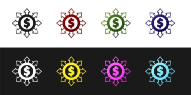 Dolar, paylaşım, ağ simgesi siyah ve beyaz arkaplanda izole edildi. Vektör