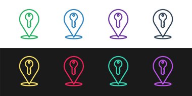 Satır Konumu anahtar simgesi siyah ve beyaz arkaplanda izole edildi. Ev anahtarının konsepti. Vektör.