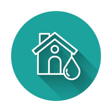 Beyaz çizgi ev sel ikonu uzun gölgeli izole edilmiş. Suyun altındaki evi sel basıyor. Sigorta konsepti. Güvenlik, güvenlik, koruma, konsepti koruma...