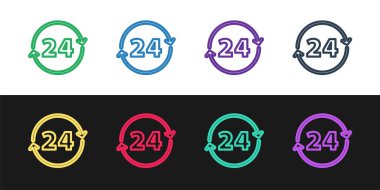 Satır Saat simgesini siyah ve beyaz arkaplanda 24 saat izole et. Tüm gün döngü simgesi. 24 saat hizmet sembolü. Vektör.