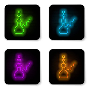 Parlayan neon çizgisi beyaz arkaplanda izole edilmiş Nargile simgesi. Siyah kare düğme. Vektör.