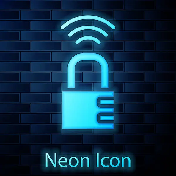 Ragyogó Neon Smart Széf Kombináció Zár Ikon Elszigetelt Téglafal Háttér — Stock Vector