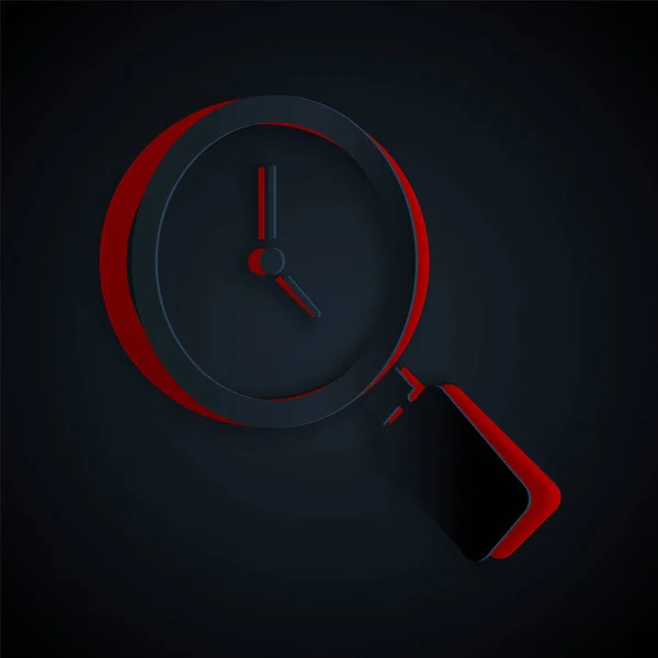 Lupa Corte Papel Con Icono Reloj Aislado Sobre Fondo Negro — Vector de stock