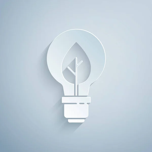 Papier Découpé Ampoule Avec Icône Feuille Isolée Sur Fond Gris — Image vectorielle
