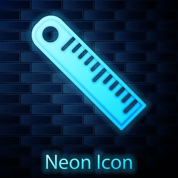 Zářící Ikona Neonového Pravítka Izolovaná Pozadí Cihlové Zdi Symbol Rovný — Stockový vektor