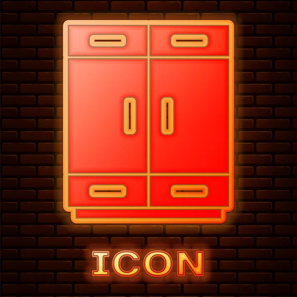 Icono Brillante Armario Neón Aislado Fondo Pared Ladrillo Vector — Vector de stock