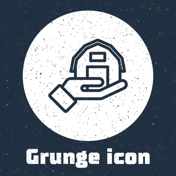 Grunge Line Farm House Hand Icon Isolated Grey Background Monochrome — Stock Vector