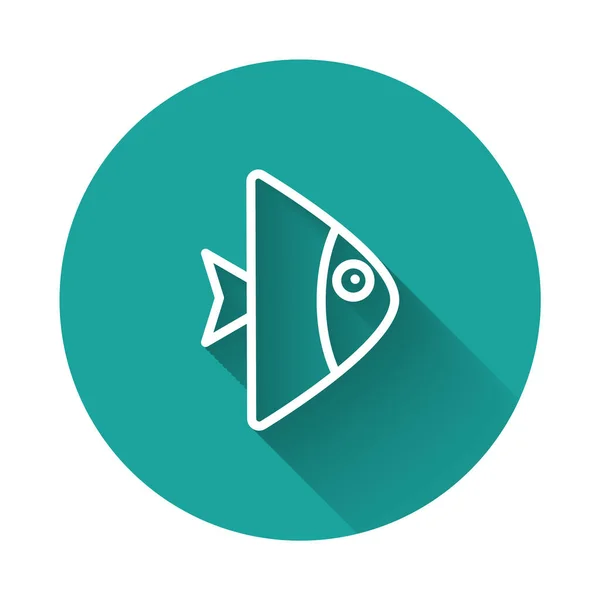 Línea Blanca Icono Pescado Aislado Con Sombra Larga Botón Círculo — Vector de stock