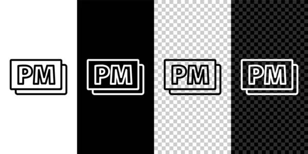 黒と白の背景に隔離されたラインクロックPmアイコンを設定します 時間の象徴だ ベクトル — ストックベクタ