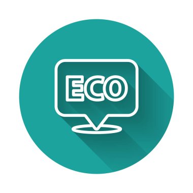 Beyaz çizgi Banner, etiket, etiket, eko yeşil sağlıklı yiyecek simgesi için logo uzun gölgeli izole edilmiş. Organik ürün. Sağlıklı yemek etiketi. Yeşil daire düğmesi. Vektör.